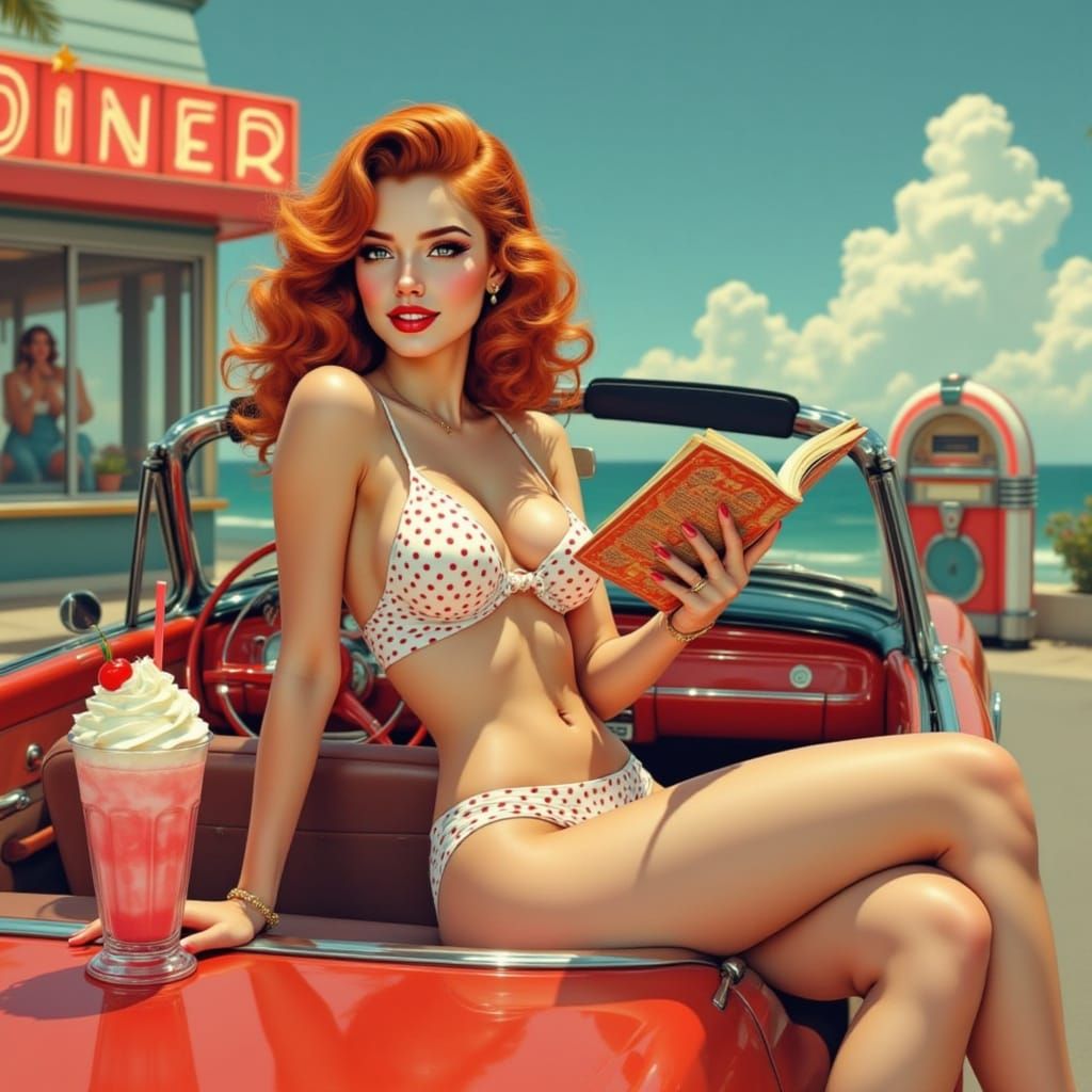 Retro Pin-Up Girl on Classic Convertible Car