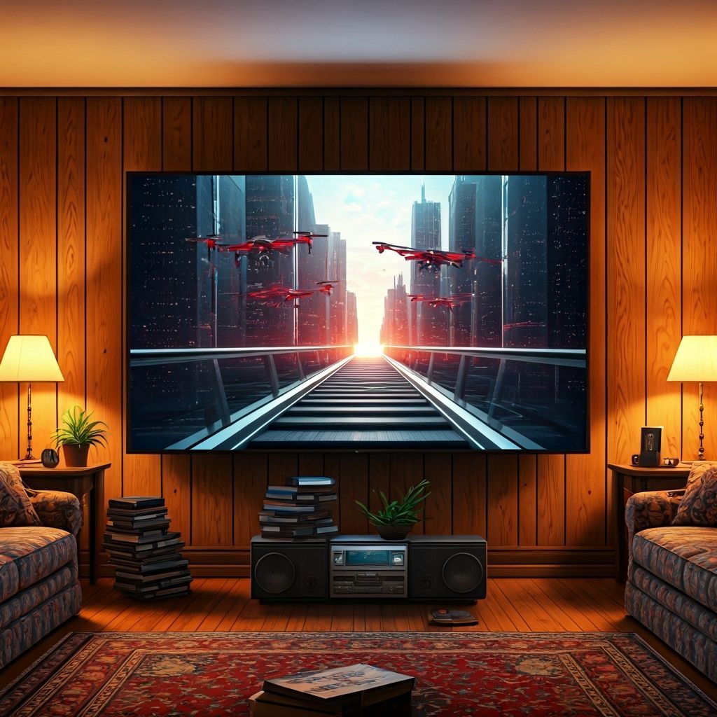 1980s Living Room with Futuristic Time Portal TV