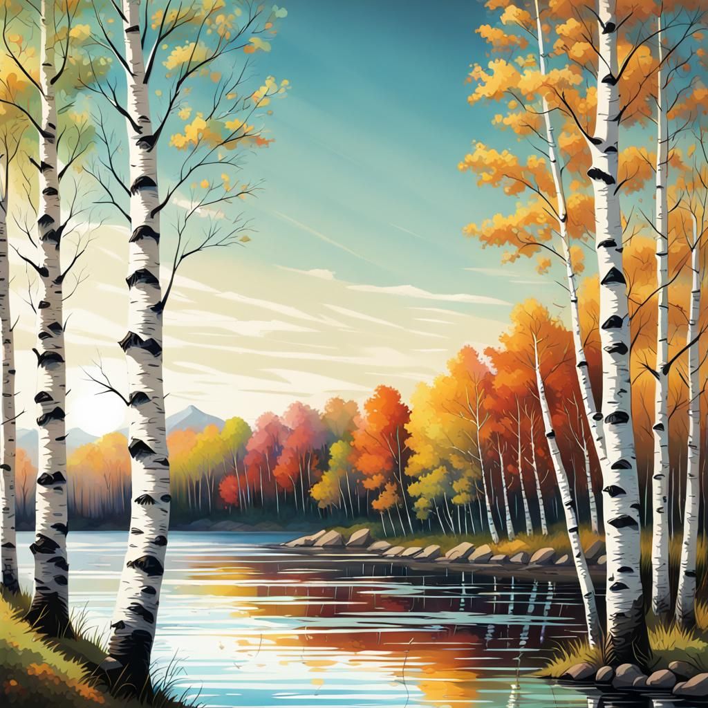 Hyperrealistic Birch Trees and Lake Splash Art
