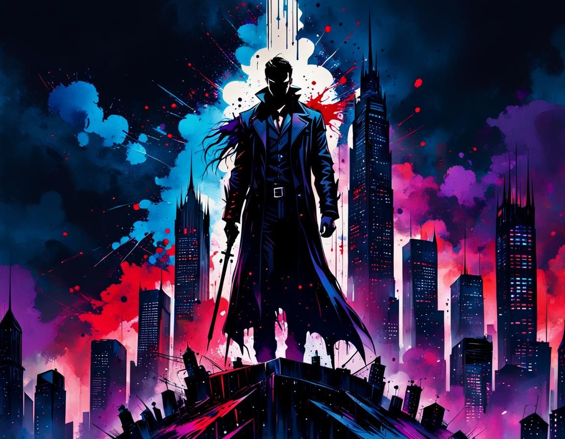 Ink Splatter Art: Gothic Figure Over Dark City