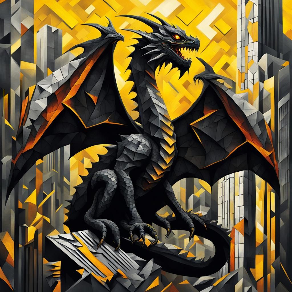 Black Dragon with Magma Cracks in Cubist Style