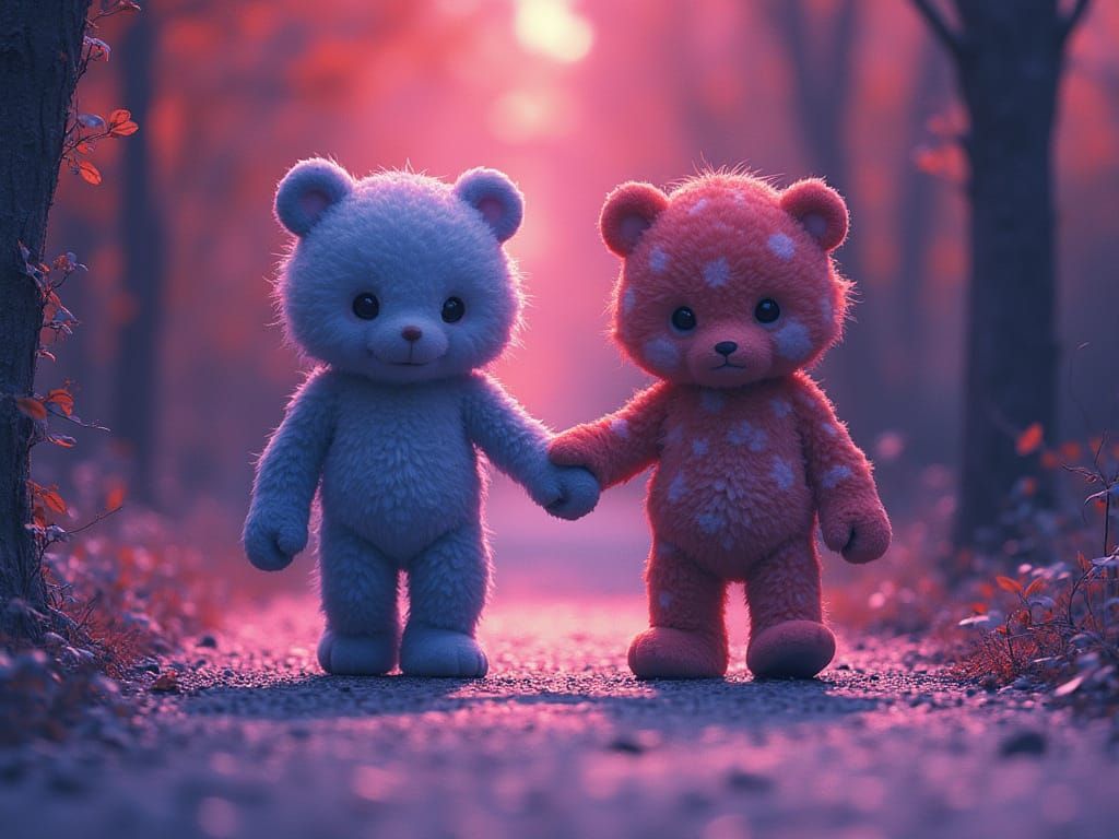 Anthropomorphic Ultraviolet and Anthropomorphic Infrared Walking Holding Hands