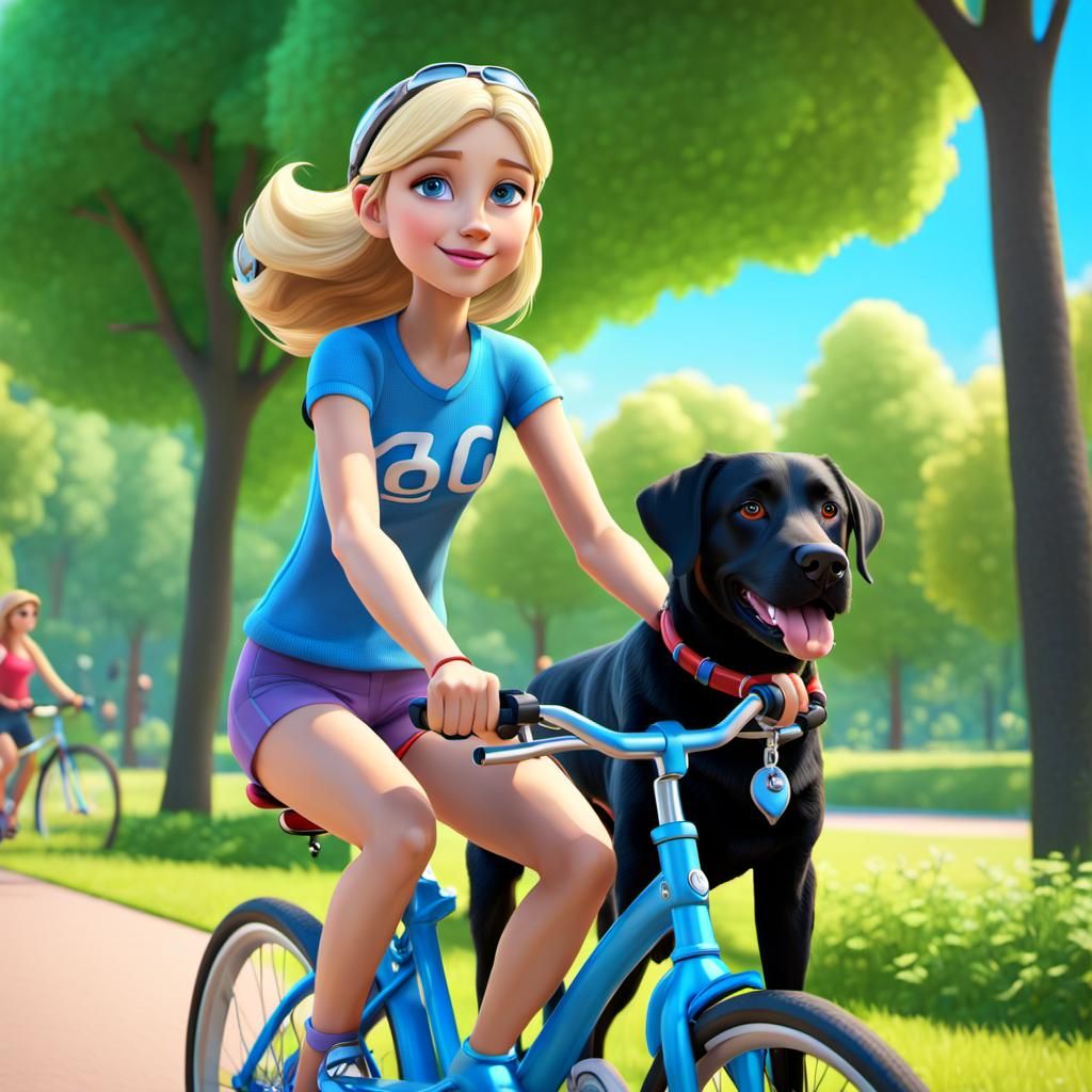 Girl and Labrador Retriever in Park, 3D Art