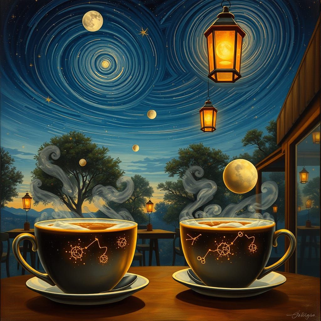 Magical Celestial Coffeehouse Under Starry Twilight Sky