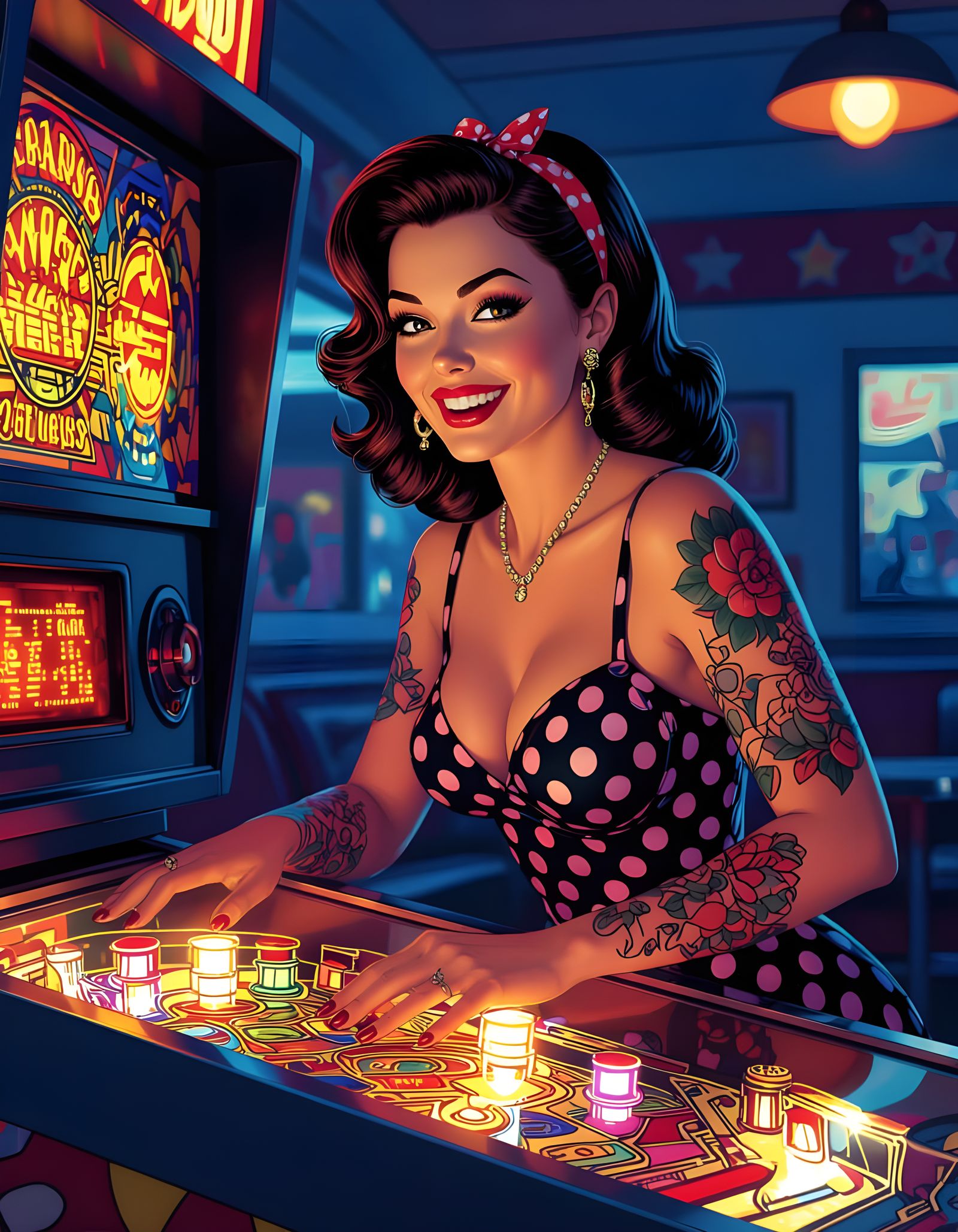 1950s Pinup Girl Plays Pinball in Retro American Bar