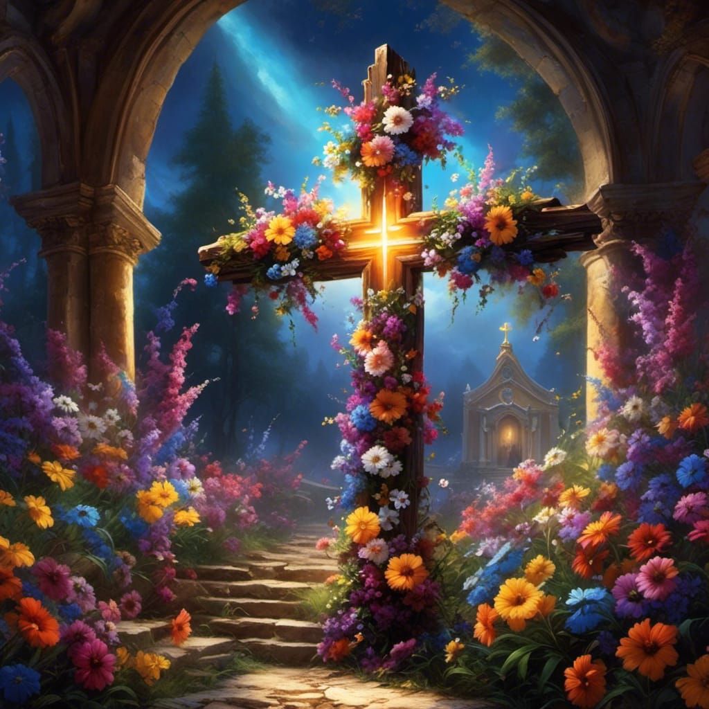 Glowing Floral Cross in Church Interior