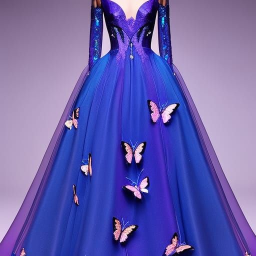 Metallic purple butterfly met gala dress decorated with blue holographic butterflies& ethereal vibes& magical vibes& but...