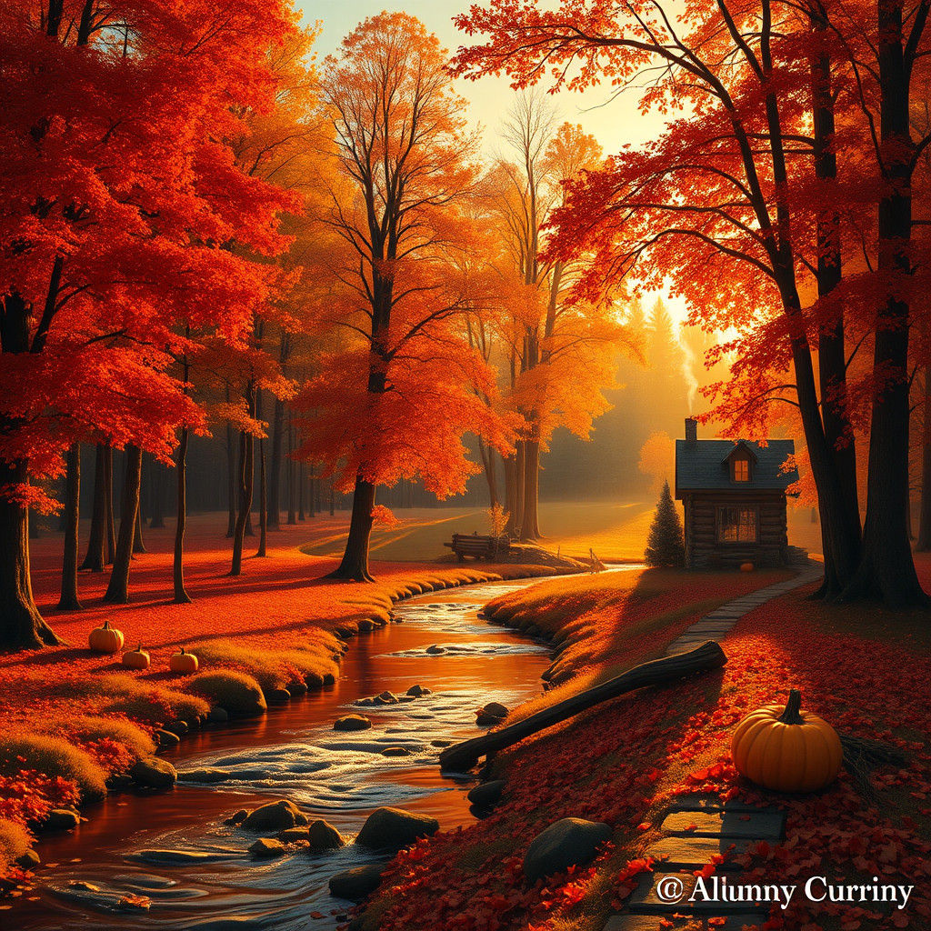 Autumn Forest Cabin in Golden Light