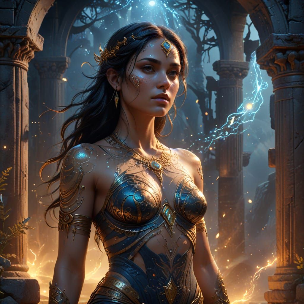 Woman With Glowing Constellation Tattoos in Misty Ruins