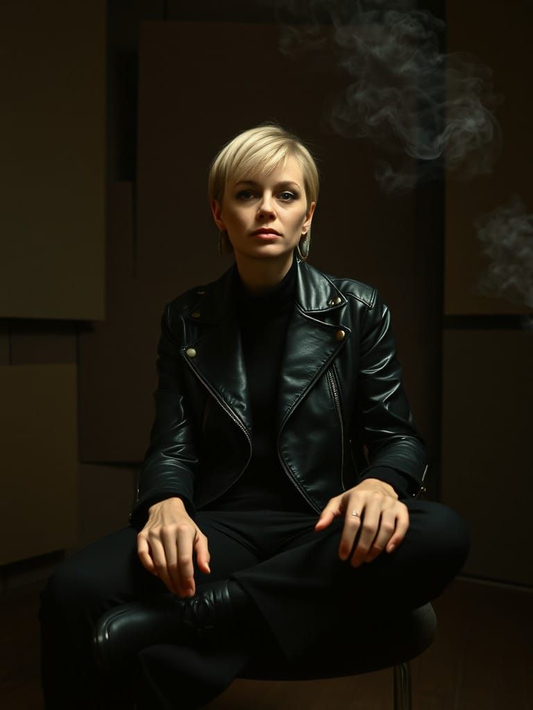 Androgynous Bassist Contemplates in Smoky Urban Landscape