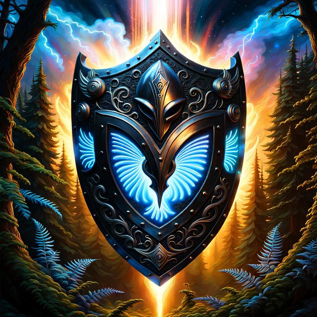 Enchanted Alien Shield in Bioluminescent Forest