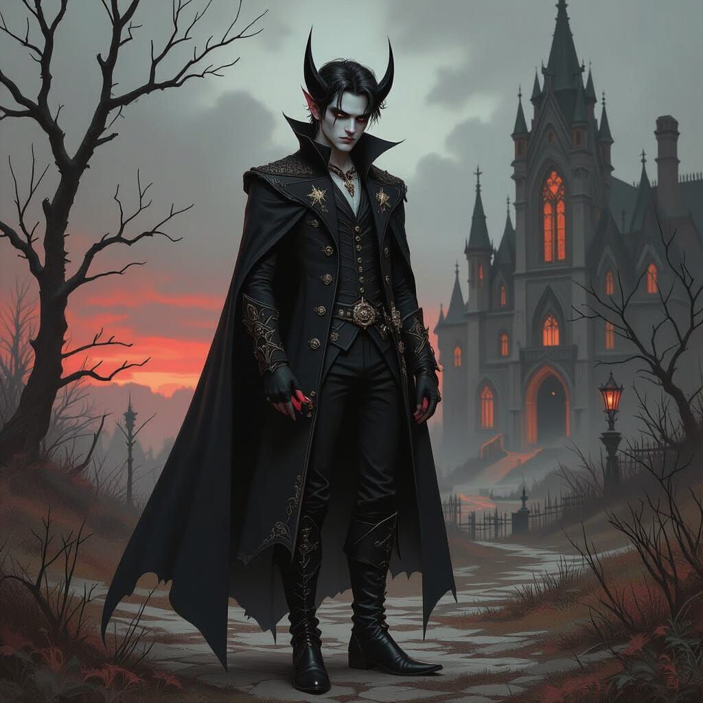 Young Demon in Gothic Landscape, Illustration Art