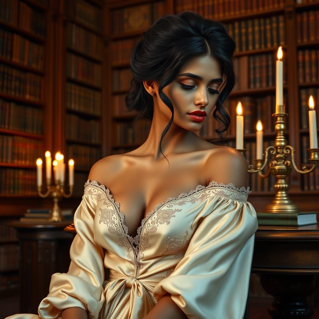 Elegant East-Indian Woman in Vintage Library Setting