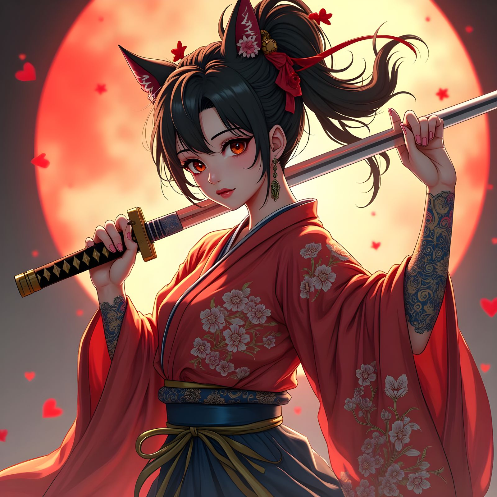 Kimono Woman with Katana and Fox Mask in 3D Anime Style