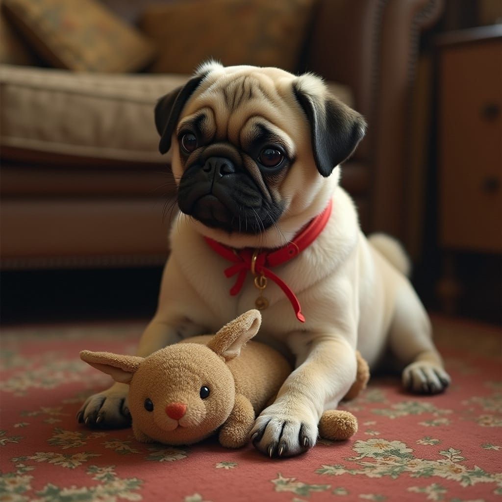 Pug Plays with Toy in Cozy Living Room
