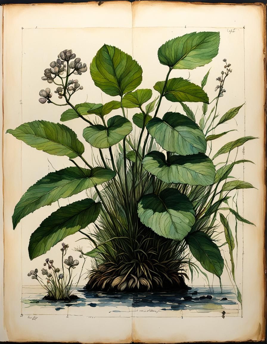 Botanical Ink Drawings in Antique Book, Oil Painting Style