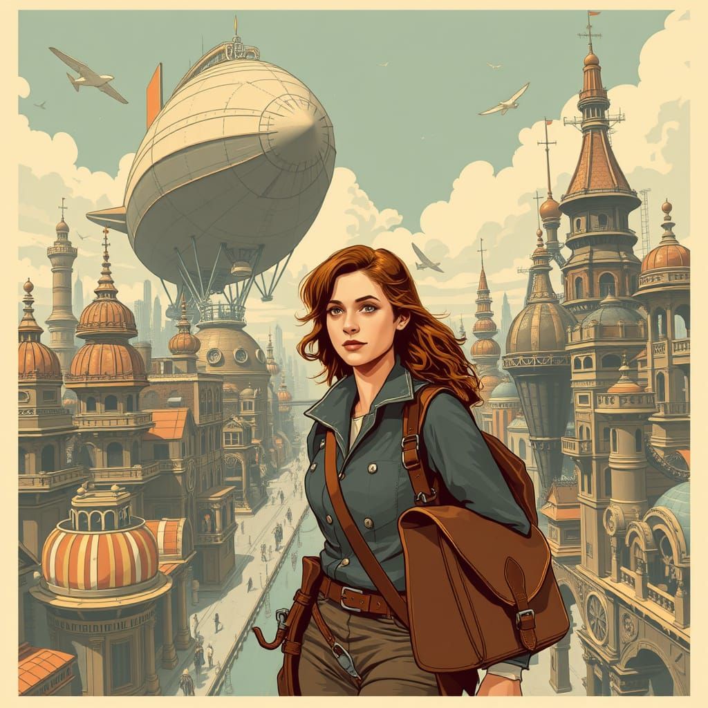 Retro-Futuristic Cityscape with Airships in Vintage Poster A...