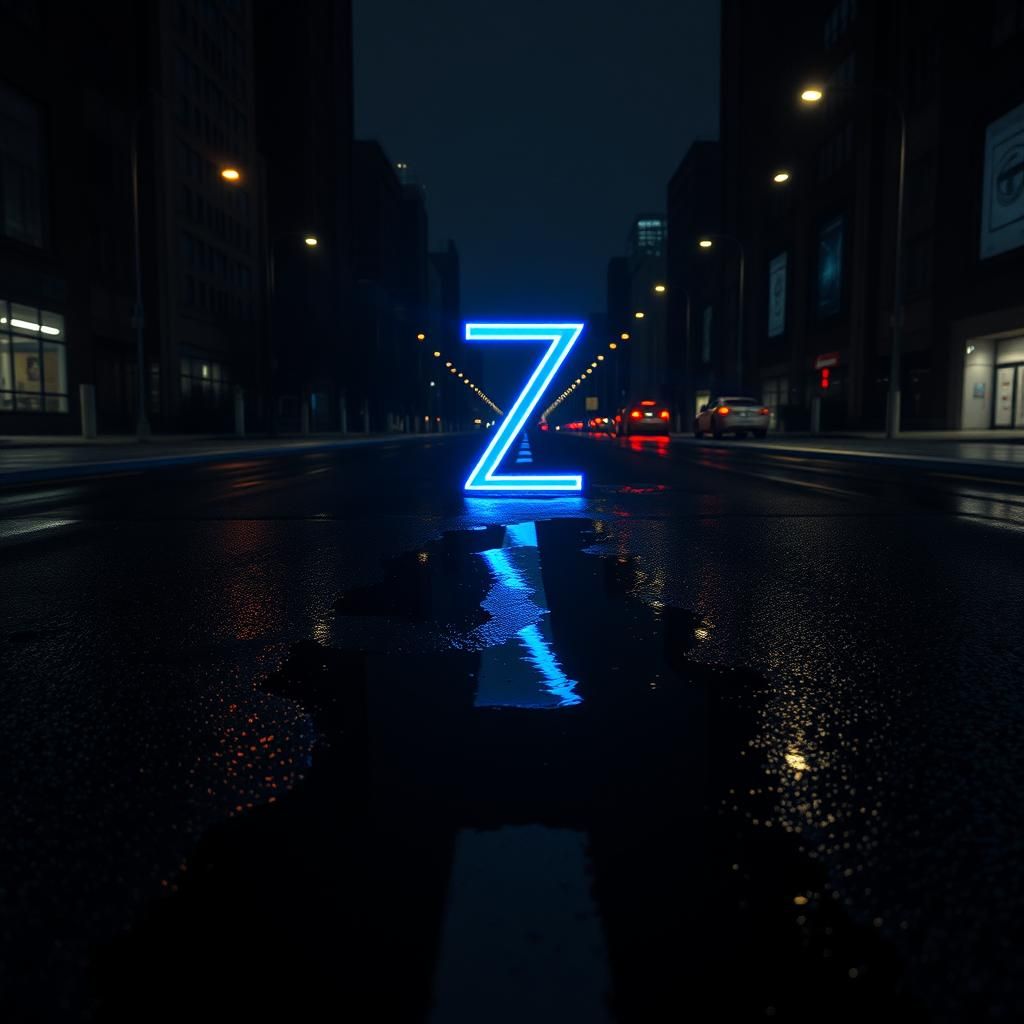 Glowing Metallic Letter Z in Neo-Noir Cityscape