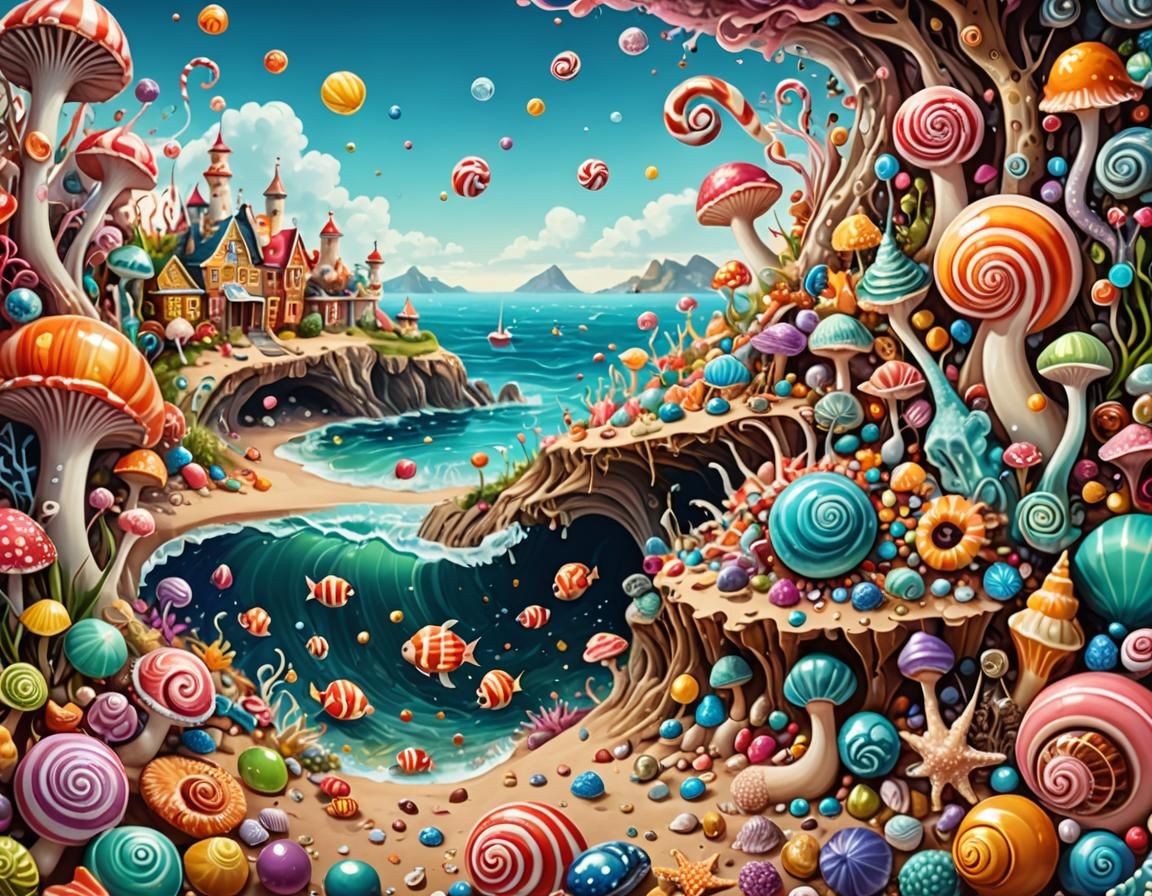 Candy Art Shoreline with Surreal Sea Creatures