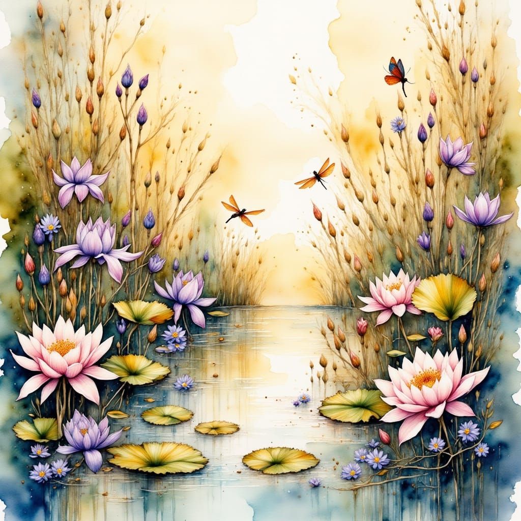 Tranquil Wetland Landscape in Watercolor Style