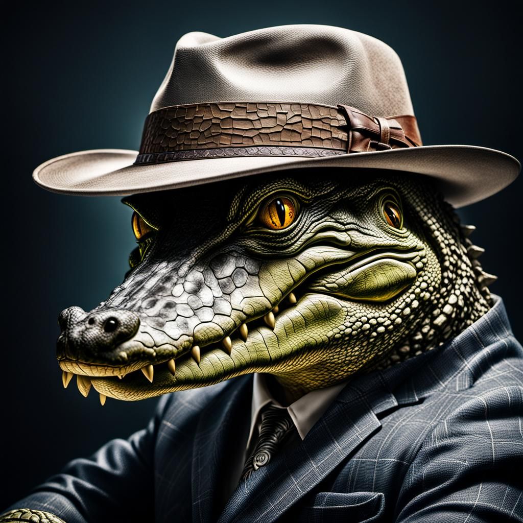 Alligator wearing a fedora intricate details, HDR, beautifully shot, hyperrealistic, sharp focus, 64 megapixels, perfect...