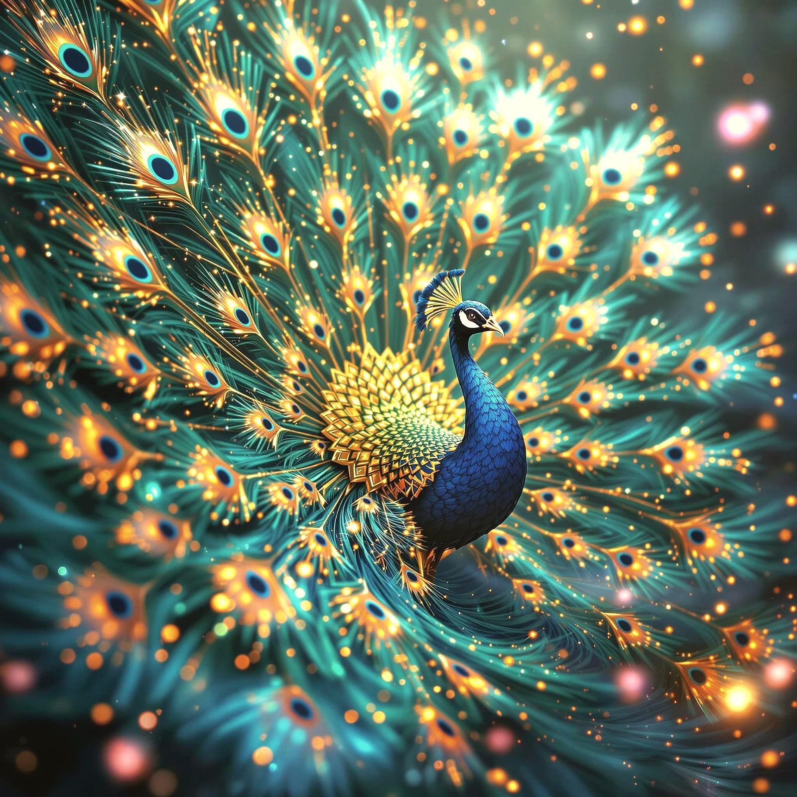 Ethereal Peacock Unfolds in a Dreamlike Scene with Enchantin...