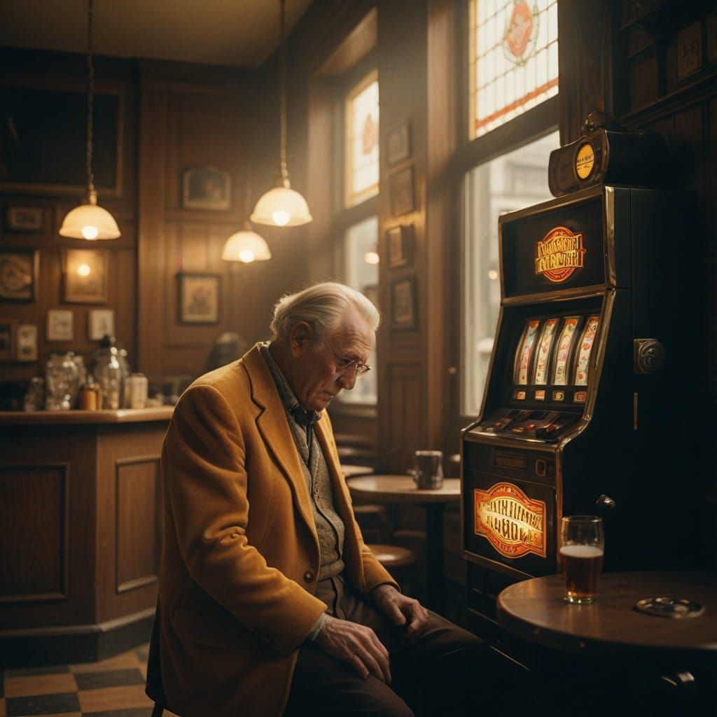 Elderly Man Plays Slot Machine in Vintage Amsterdam Cafe