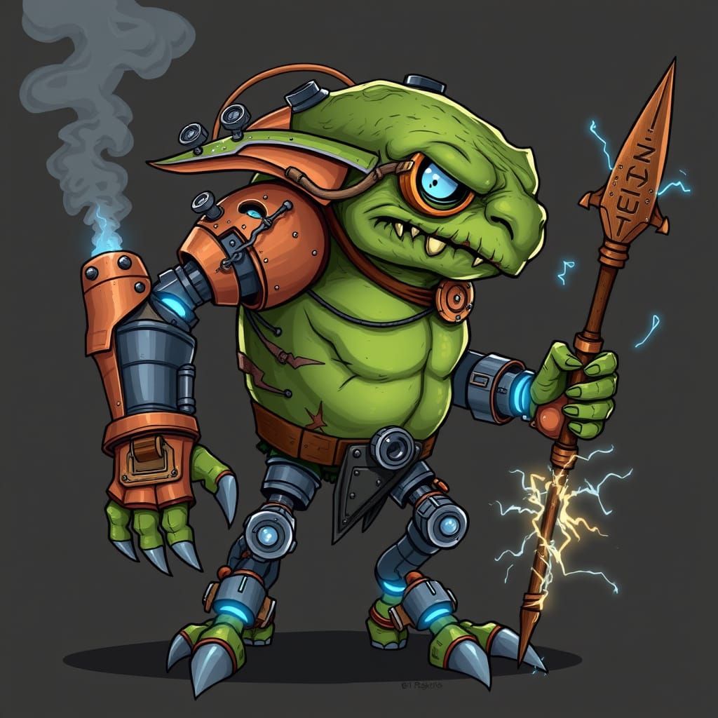 Steampunk Goblin with Mechanical Limbs in a 2D Cartoon Style