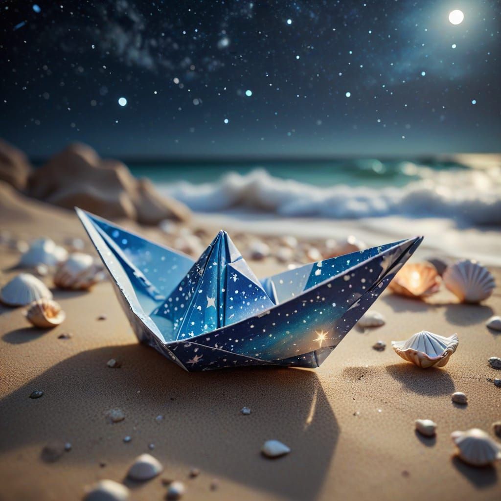 Delicate Origami Boat Under Starry Night Sky