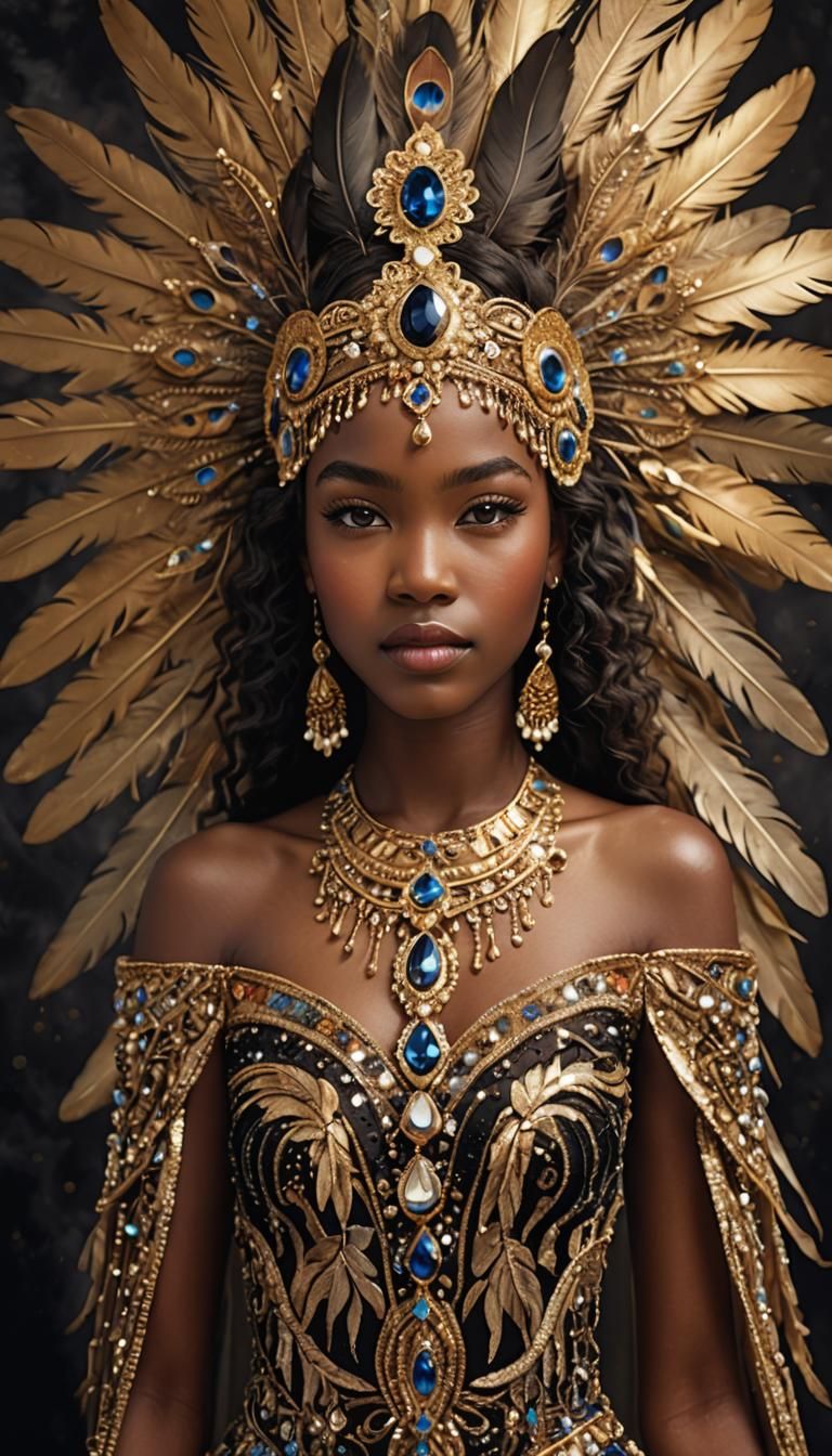 A young Ebony woman wears an intricate head dress. Feathers, beads, and jewels