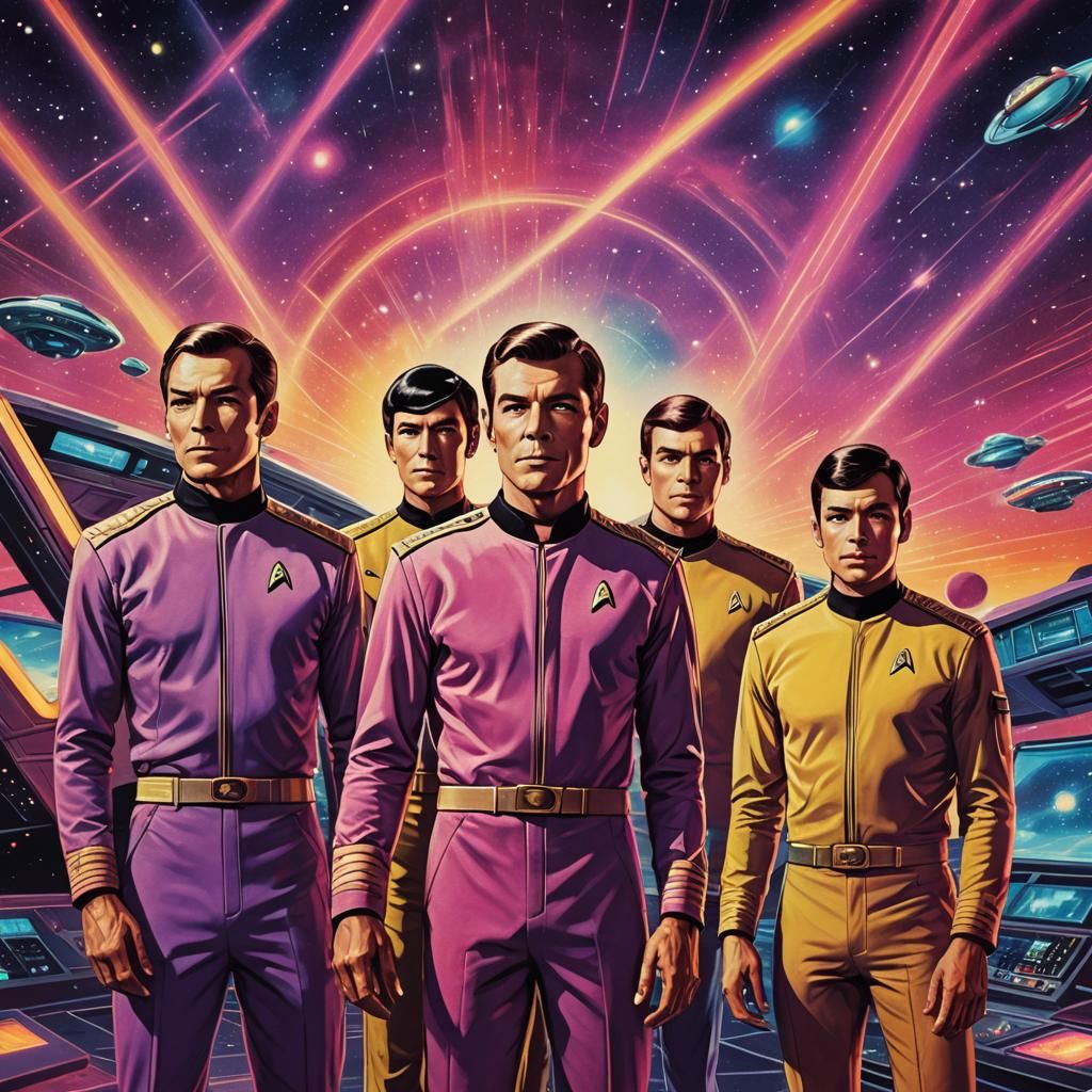 Star Trek Crew in Retro-Futuristic Cosmic Illustration