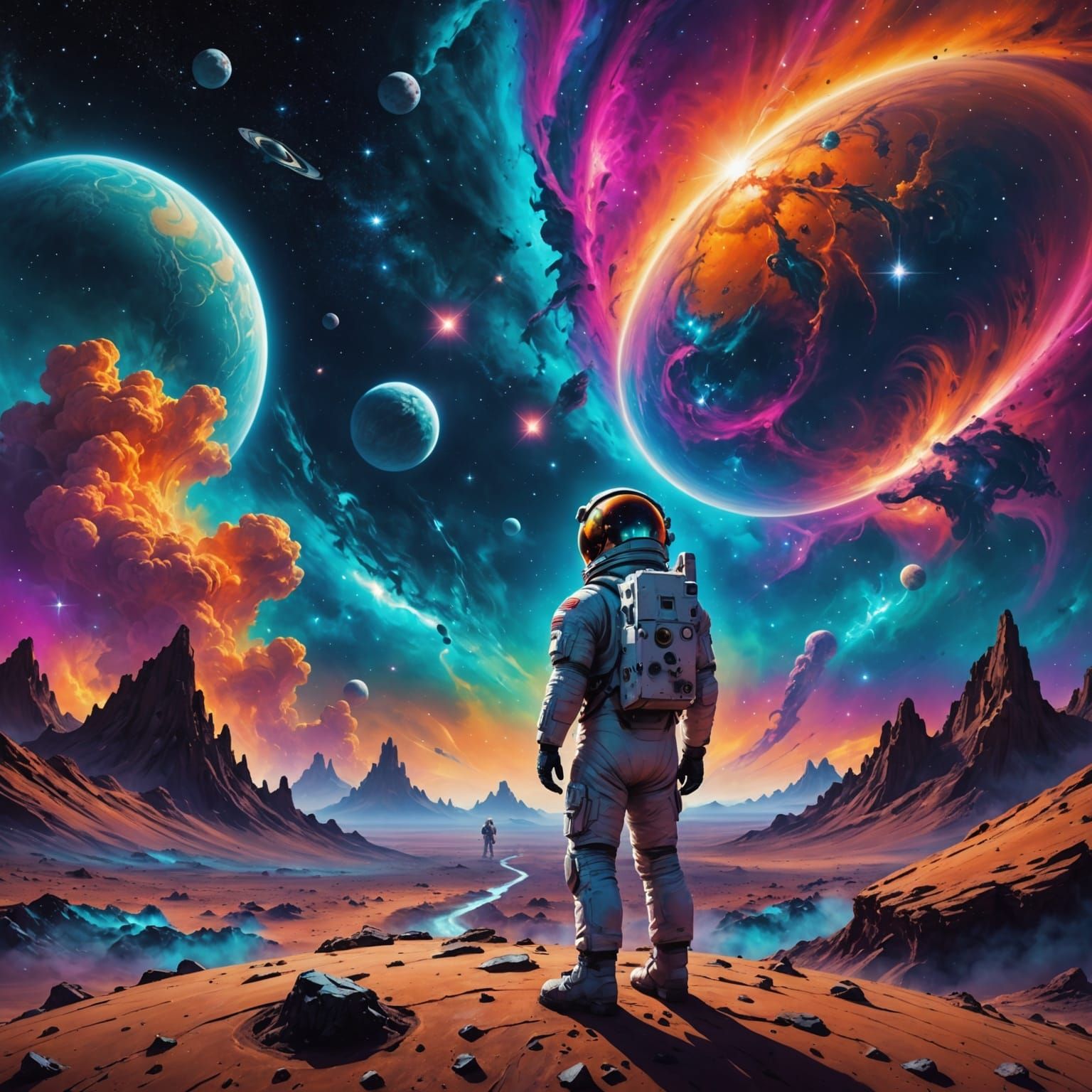 Astronaut Gazing at Nebula in Giger Style