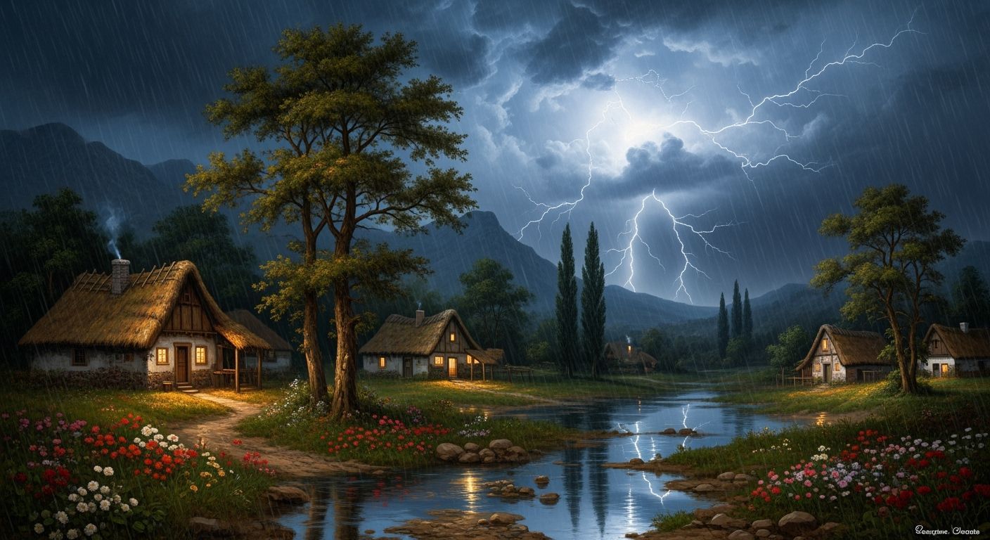 Mountain Village in Midnight Storm as Baroque Oil Painting