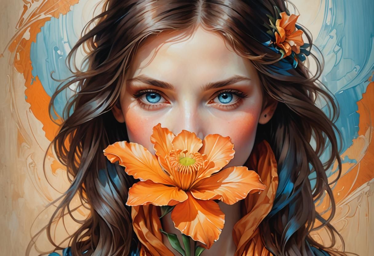 Elegant Woman with Flower: Art Nouveau Oil Painting