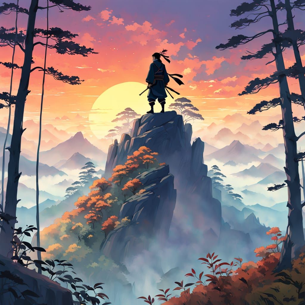 Ninja Ascends Majestic Mountain Peak at Sunset
