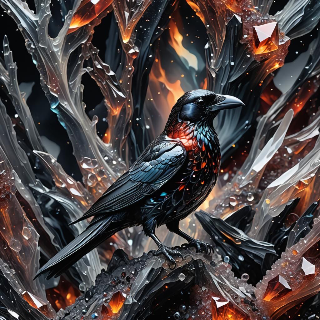 Crystal Glass Raven on Volcano: Detailed Digital Art