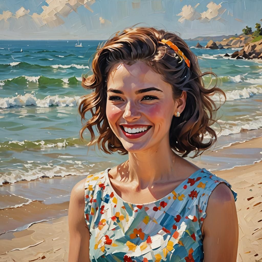 Joyful 50s Girl: Expressive Impasto Beach Portrait