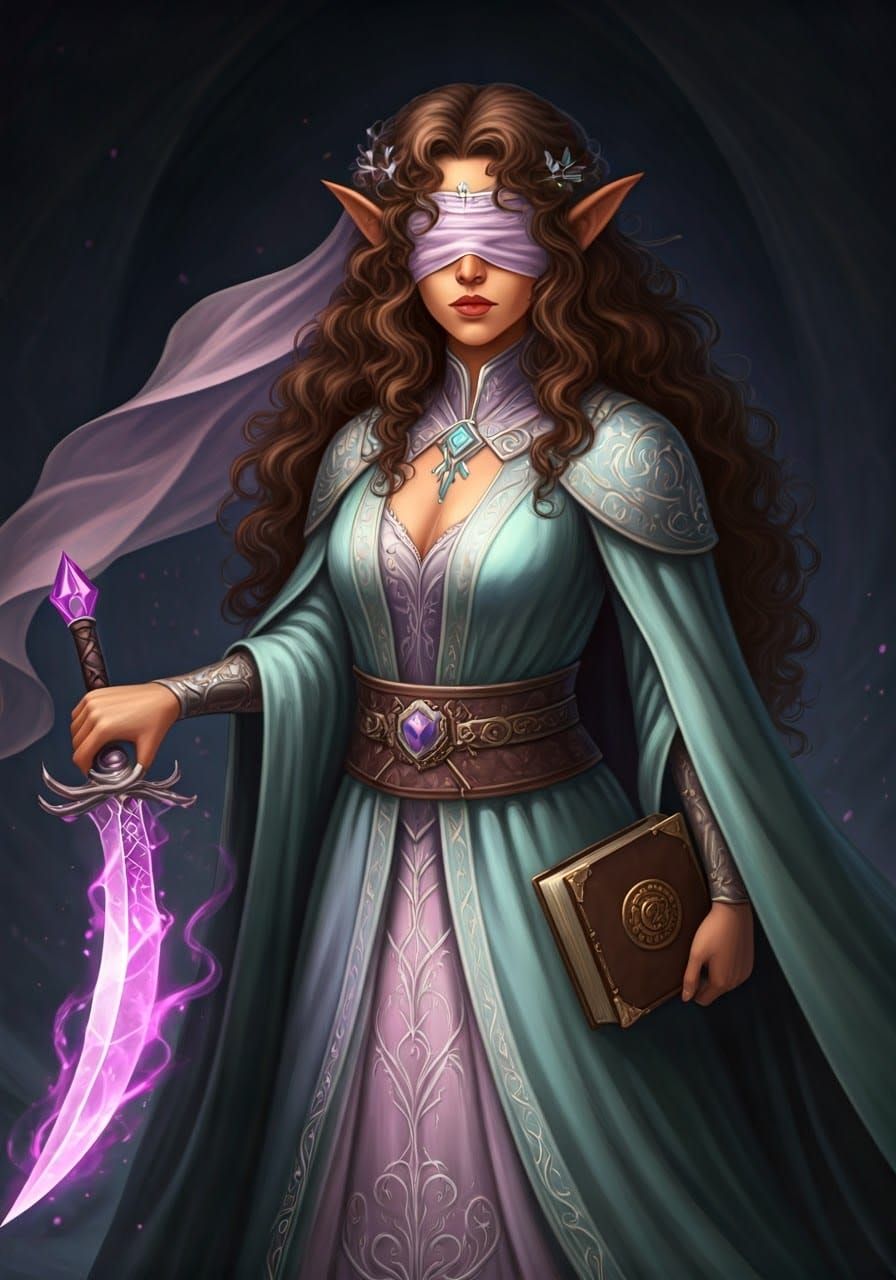 Elven Wizardess with Crystal Scimitar in Art Nouveau Style