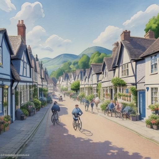 Bustling Village Street Scene in Gouache Style