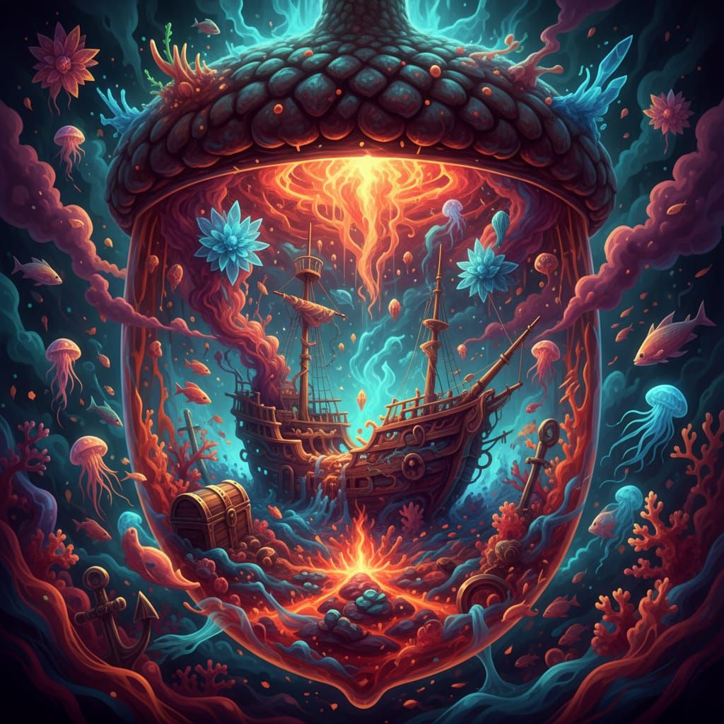 Surreal Shipwreck Inside Acorn, Digital Art