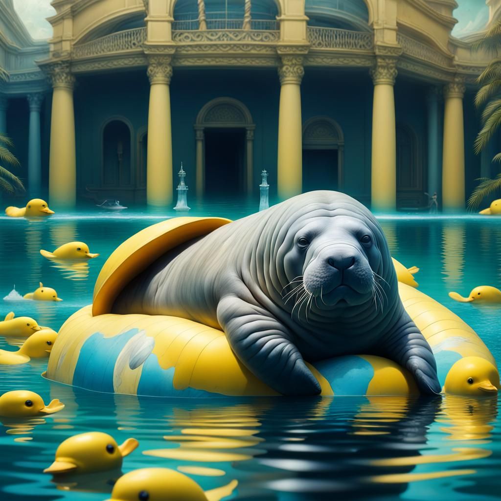 Manatee and Calico Cat on Duck Float