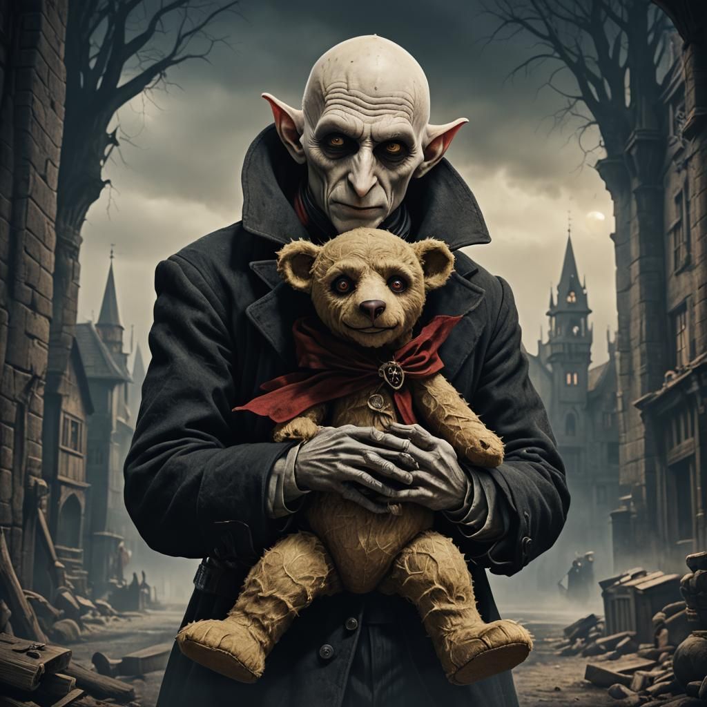 Nosferatu Hugs a Vintage Steiff Teddy Bear