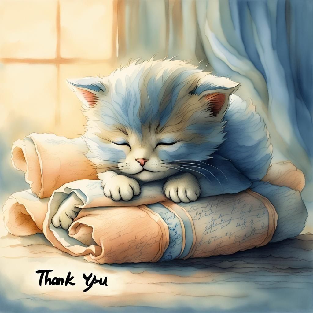 Cartoon Kitten Asleep with Thank You Sign