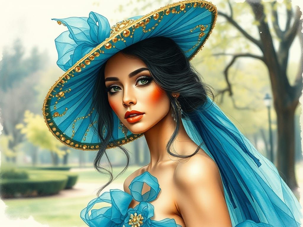 Golden Woman in Whimsical Turquoise Fashion, Watercolor Sket...