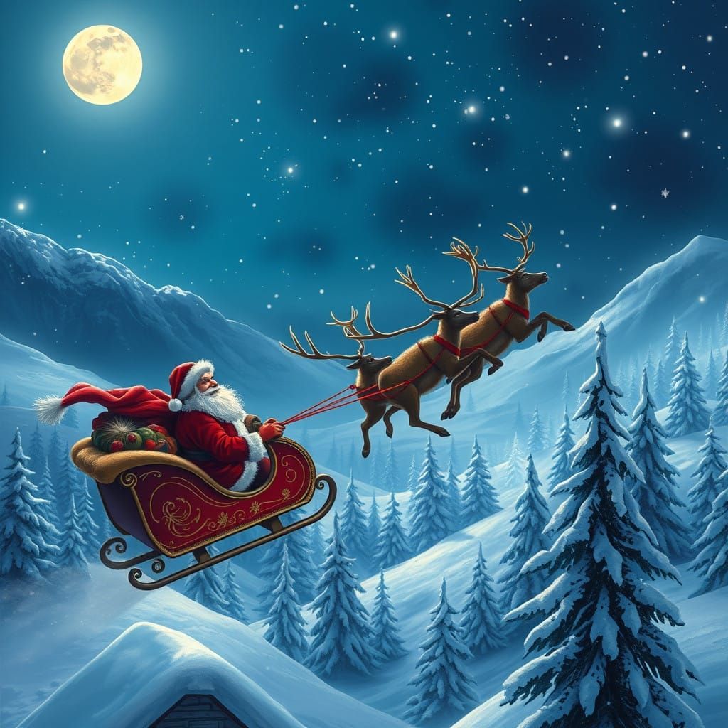 Jolly Santa Surveys Winter Wonderland in His Sleigh