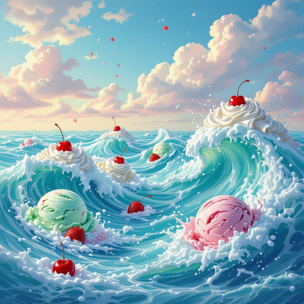 Surreal Ice Cream Ocean Under Whipped Cream Sky