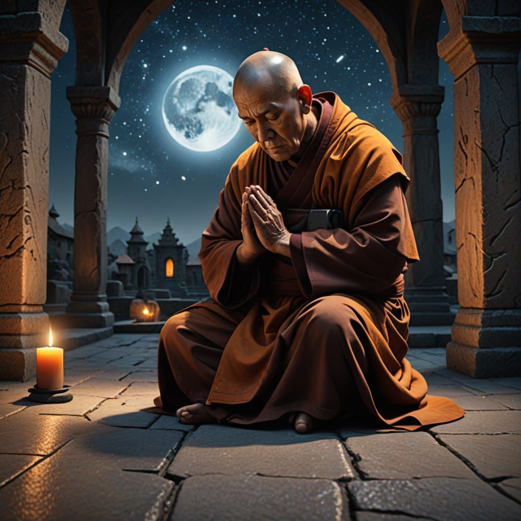 Meditative Monk in Starry Lit Chamber