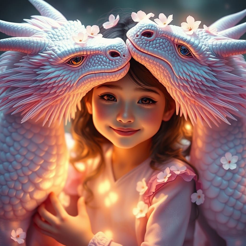 Girl and Jasmine Dragons in Fantasy Art Style