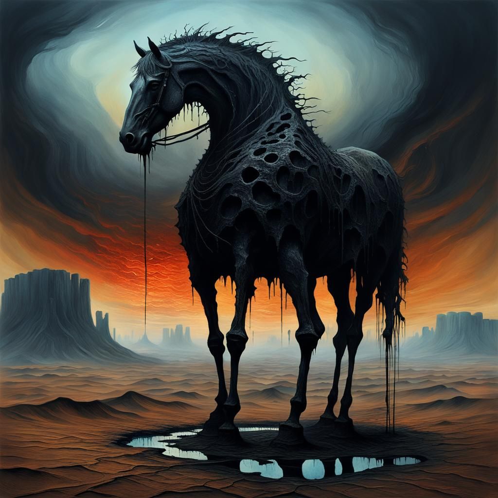 Surreal Tar Man on Horse in Beksinski Style