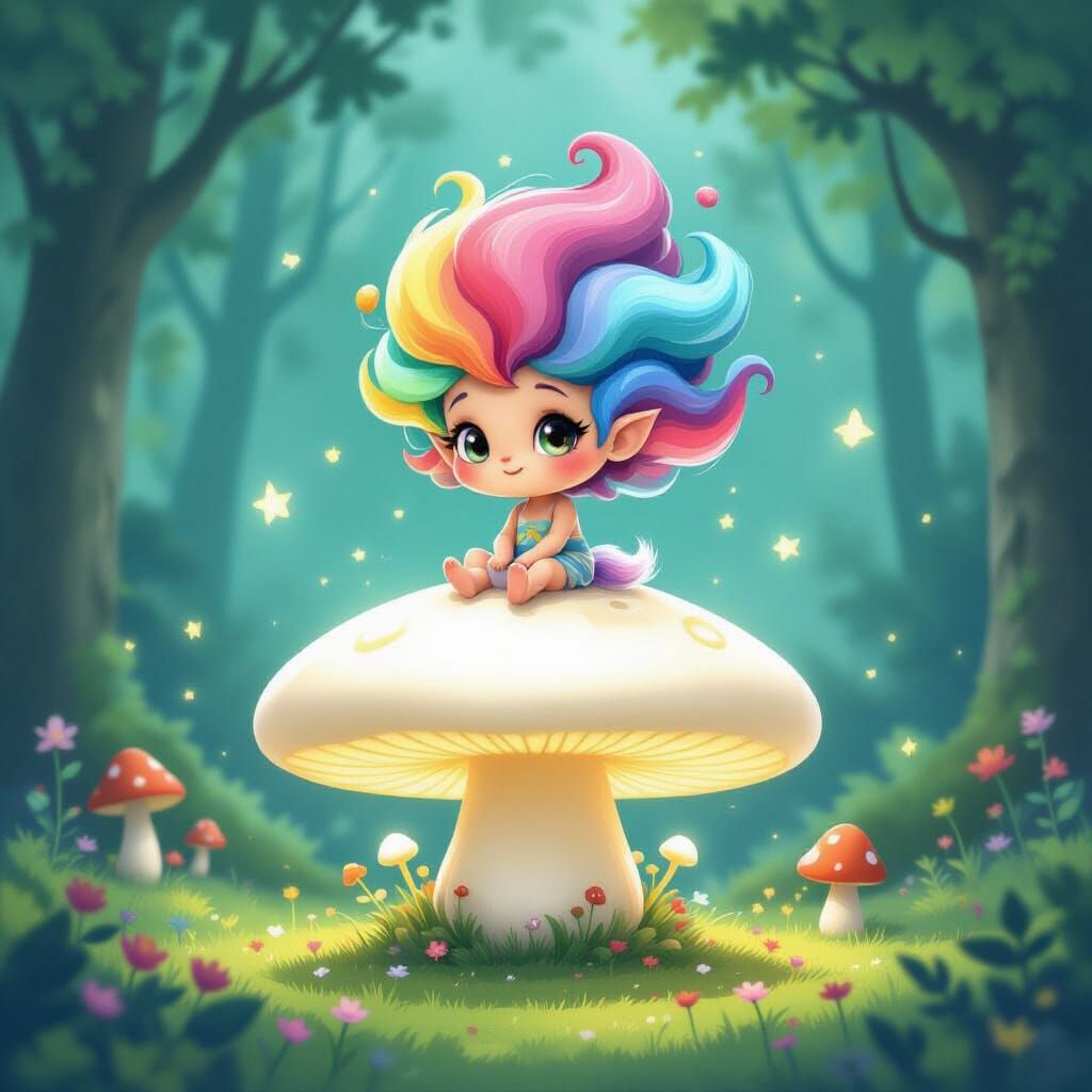 Whimsical Gnome on Glowing Mushroom in Mystical Forest